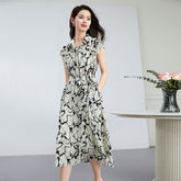 Womens Silk Shirt Midi Dress Abstract Print Waist Tie Silk Dress